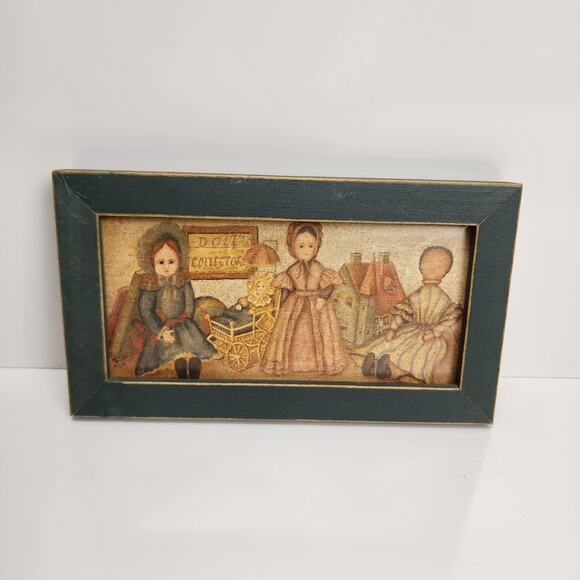 Primitive Dolls Print Framed 8" X 4.5" Doll Collector Folk Art Green Aged Frame - Picture 1 of 7